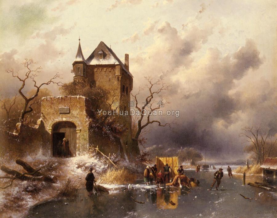 Skaters on a Frozen Lake by the Ruins of a Castle - 查尔斯·亨利·约瑟夫·雷克尔特